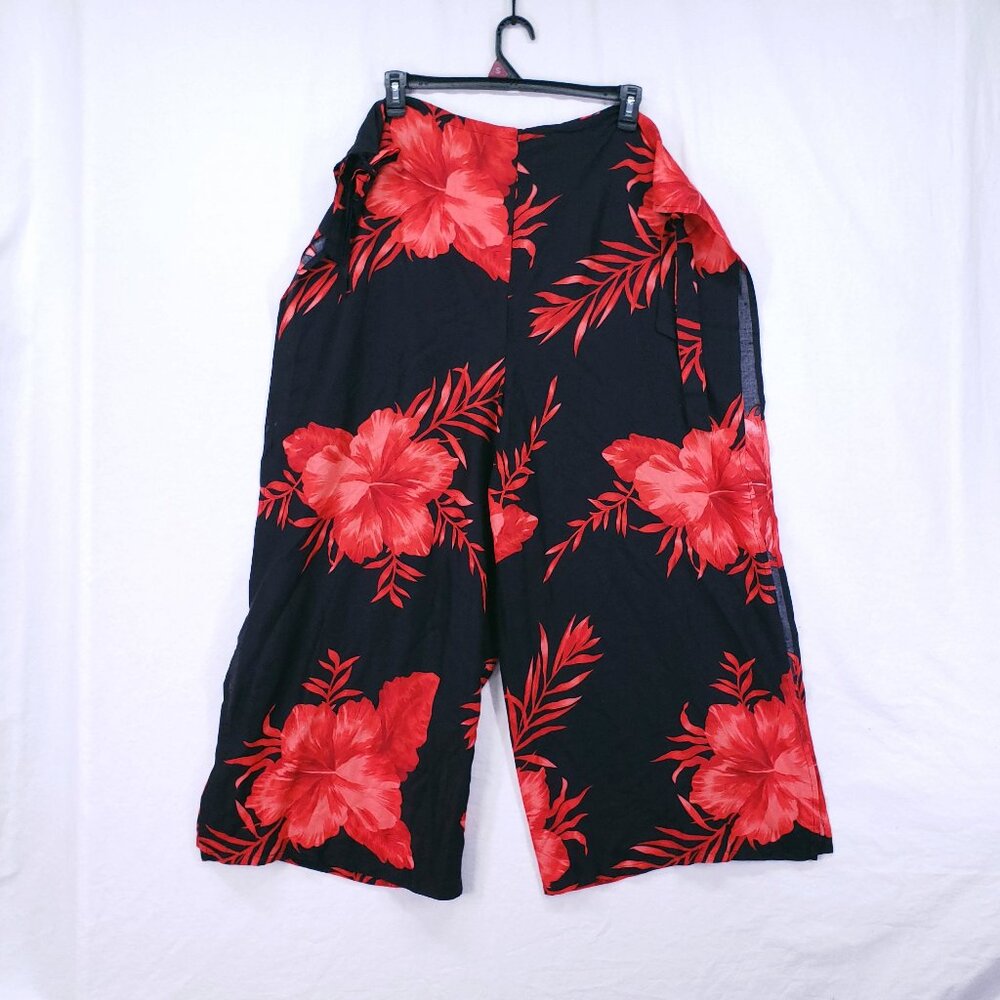 Hibiscus Collection Hawaii Red n Black Split Leg Open Sides Wrap Relaxed Floral